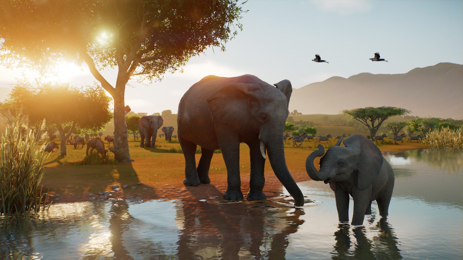 Planet Zoo 2 screenshot: an elephant and calf at a waterhole, with zebras and other animals in the background